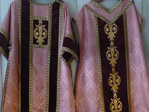 Rose Roman vestment set. Pictured are Dalmatic  (left), Chasuble (right)